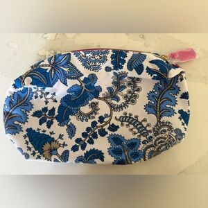 Estee Lauder Cosmetic Bag Blue White Jacobean Print Zip Top Pink Tassel